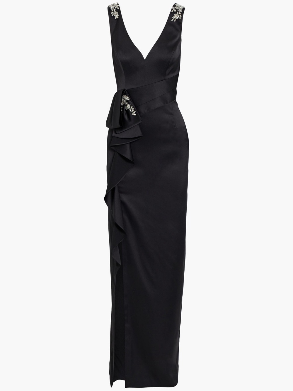 Marchesa Notte Embellished Ruffled Satin-crepe Gown In Black